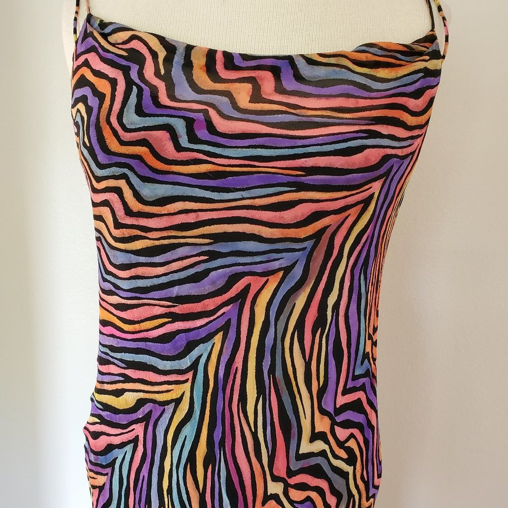 Silk Short slip Dress zebra rainbow painted stripes purple yellow gold pink blue